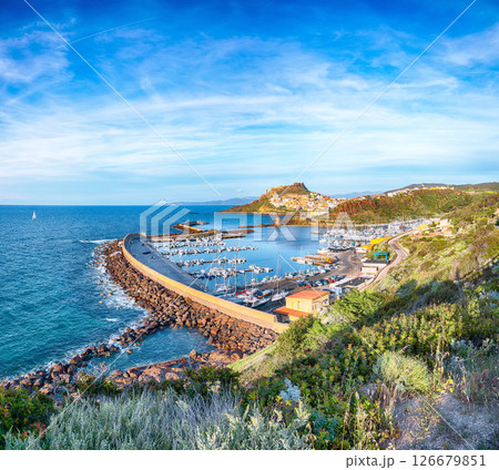 Unbelivable view of Medieval town of Castelsardo. Cityscape of Castelsardo port. Unbelivable view of Medieval town of Castelsardo. Cityscape of Castelsardo port. 126679851