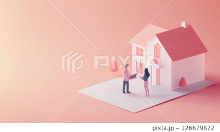 Real estate agent giving keys of new house to client standing on large mortgage contract, investment and home buying concept 126679872