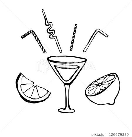 Hand drawn line illustration of fresh lemon cocktail. 126679889