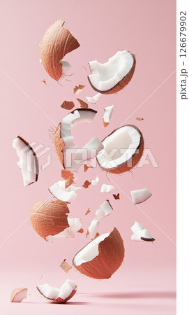 Several pieces of open coconut are levitating, creating an unusual and artistic composition on a vibrant pink backdrop, ideal for showcasing concepts related to food, health, and tropical vibes 126679902