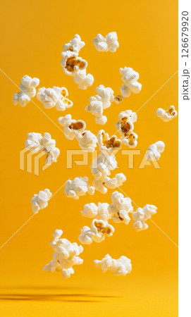 Popcorn kernels floating in mid air against a vibrant yellow background create a dynamic scene ideal for themes of snacks, movies, and entertainment Popcorn kernels floating in mid air against a vibrant yellow background create a dynamic scene ideal for themes of snacks, movies, and entertainment 126679920