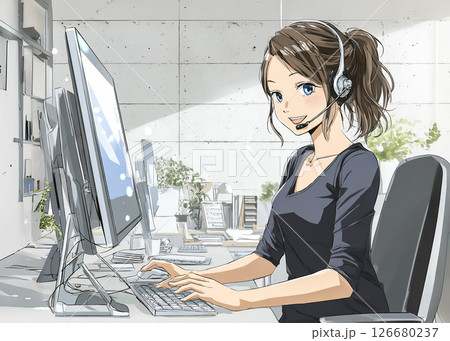 コールセンターで働く若い女性のイラスト素材 コールセンターで働く若い女性のイラスト素材 126680237