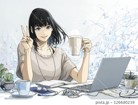 コーヒー片手に仕事をしながらピースをする若い女性のイラスト素材 126680239