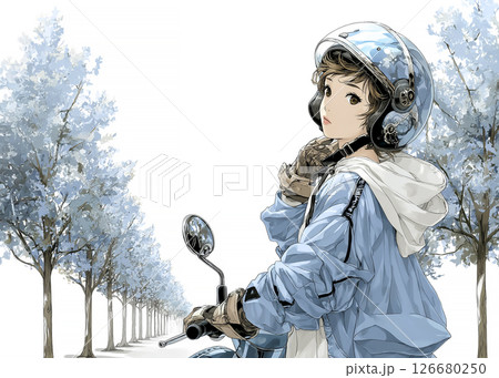 スクーターで出かける若い女性のイラスト素材　冬 126680250