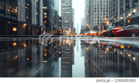 City street lights and buildings are reflecting in a puddle on the street at dusk, with cars driving by in the background, creating a beautiful and serene urban scene 126680260