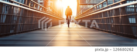 Cyclist riding a bicycle toward the sunrise on a modern city bridge, creating a striking silhouette against the warm golden light, embodies freedom and adventure in urban commuting 126680262