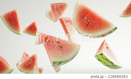 Several triangular slices of ripe red watermelon with black seeds are levitating against a minimalist white background, creating a refreshing and vibrant visual 126680263