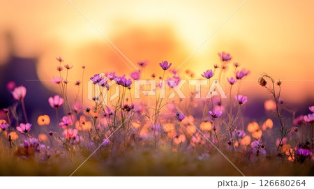 Blooming purple cosmos flowers fill a field under a vibrant sunset, creating a picturesque and serene natural landscape that captures the beauty of the countryside during golden hour 126680264