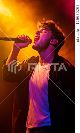 Young male singer is passionately performing on a stage, illuminated by vibrant orange and purple stage lights, holding a microphone and singing with intensity 126680265