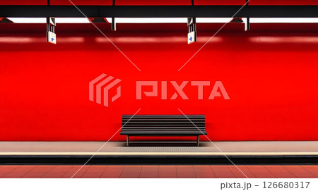 Empty black bench sits on a subway or metro platform with a vibrant red wall and overhead signage providing a minimalist and colorful urban scene Empty black bench sits on a subway or metro platform with a vibrant red wall and overhead signage providing a minimalist and colorful urban scene 126680317