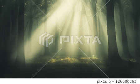 Beams of sunlight piercing through dense morning fog in a mysterious forest, creating an ethereal, magical atmosphere filled with enchanting shadows and tranquil beauty 126680363