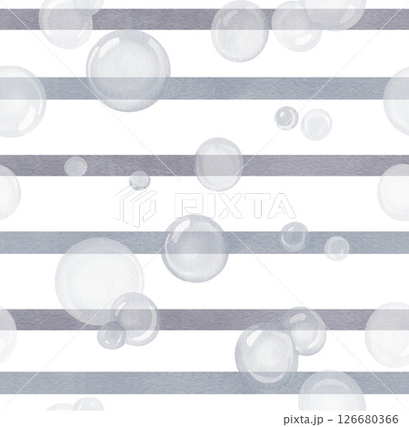 Seamless pattern with gray stripes and bubbles. Ornament and geometry. Soap bubbles and straight lines. Watercolor illustration isolated from the background. Hand drawing. High quality illustration 126680366