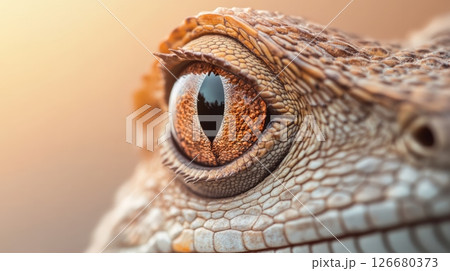 Extreme close up of a reptile's eye revealing intricate details of its iris, pupil, and surrounding scales, highlighting the beauty and complexity of nature's design with a soft, warm background 126680373