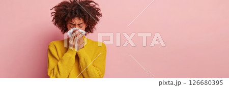 Sick young woman with curly hair wearing a yellow sweater is blowing her nose with a tissue against a pink background, clearly suffering from the discomfort of a cold or flu Sick young woman with curly hair wearing a yellow sweater is blowing her nose with a tissue against a pink background, clearly suffering from the discomfort of a cold or flu 126680395