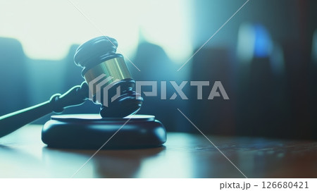Wooden judge gavel striking sound block on blurred courtroom background, representing legal decisions, auctions, or courtroom proceedings 126680421