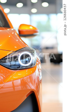 Close up of a vibrant orange car's headlight, reflecting the bright showroom lights, showcasing its sleek design and polished finish in a car dealership environment 126680437
