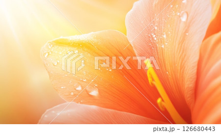 Close up of delicate orange flower petals with sparkling water droplets, illuminated by warm sunlight, creating a beautiful and serene natural background 126680443