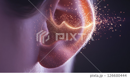 Golden particles flowing into the ear canal, representing sound waves creating vibrations on eardrum, illustrating the concept of hearing and audiology in a futuristic and technological style 126680444