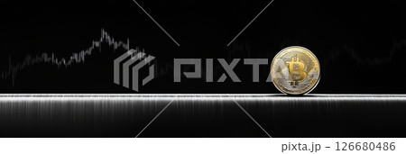 Bitcoin cryptocurrency coin standing on edge with stock market chart displayed on a monitor in the background representing the volatile and risky nature of digital currency investment 126680486
