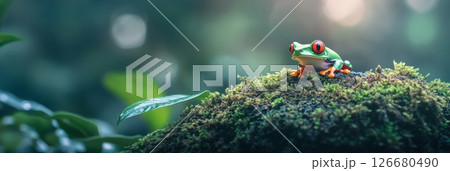 Red eyed tree frog perched on a mossy rock in a lush rainforest, enjoying the dappled sunlight filtering through the canopy, showcasing the vibrant colors of nature 126680490