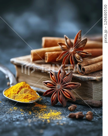 Turmeric and star anise, spices on a stone kitchen table. Ingredients for food and kitchen. 126680550