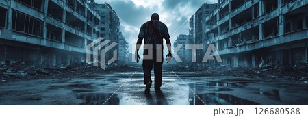 Scary, bloodied zombie wandering through the desolate streets of a ruined city, embodying the chilling essence of a post apocalyptic world or halloween nightmare 126680588