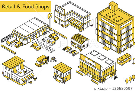 コンビニやスーパーなど店舗外観セット、シンプルな線画のアイソメトリックイラスト コンビニやスーパーなど店舗外観セット、シンプルな線画のアイソメトリックイラスト 126680597