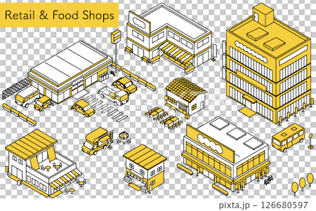 Convenience store and supermarket store exterior set, simple line drawing isometric illustration 126680597