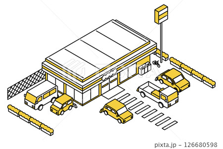 駐車場に車の停まっているコンビニエンスストア、シンプルな線画のアイソメトリックイラスト 駐車場に車の停まっているコンビニエンスストア、シンプルな線画のアイソメトリックイラスト 126680598