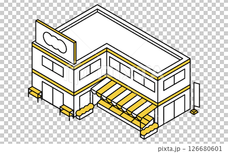 Image of a two-story supermarket or drugstore, simple line drawing isometric illustration 126680601