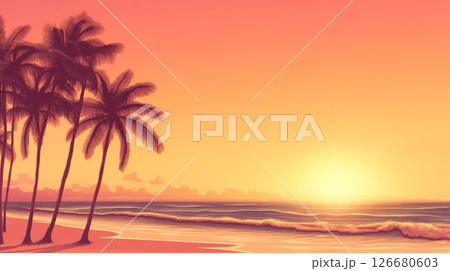 Gentle waves washing a tropical beach at sunset, with silhouettes of palm trees creating a serene and peaceful landscape, perfect for summer vacation or travel themes Gentle waves washing a tropical beach at sunset, with silhouettes of palm trees creating a serene and peaceful landscape, perfect for summer vacation or travel themes 126680603