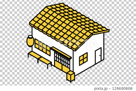 瓦屋根と引き戸のレトロな赤ちょうちんのある和風居酒屋、シンプルな線画のアイソメトリックイラスト 126680606
