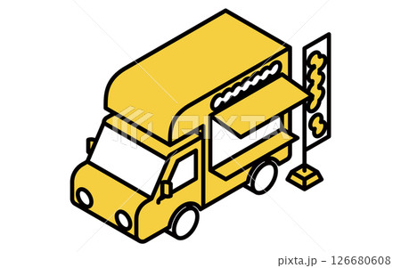 キッチンカー、シンプルな線画のアイソメトリックイラスト キッチンカー、シンプルな線画のアイソメトリックイラスト 126680608