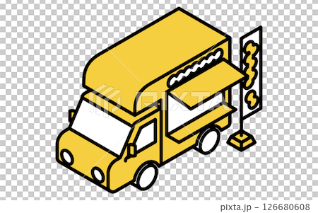 キッチンカー、シンプルな線画のアイソメトリックイラスト キッチンカー、シンプルな線画のアイソメトリックイラスト 126680608