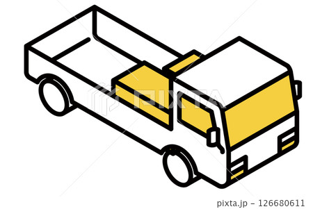 荷台に荷物を積んだ平ボディのトラック、シンプルな線画のアイソメトリックイラスト 126680611