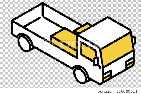 荷台に荷物を積んだ平ボディのトラック、シンプルな線画のアイソメトリックイラスト 126680611