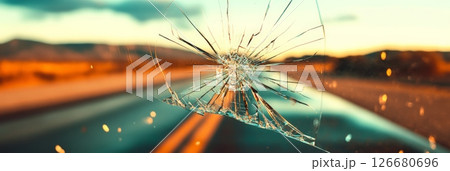 Cracked windshield glass creates a dangerous obstruction while driving on a scenic road during a colorful sunset, emphasizing the risks of accidents and the importance of road safety 126680696