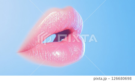 Sensual female lips with pink lipstick and glitter slightly open showing white teeth, on a light blue background, ideal for beauty and cosmetology concepts 126680698