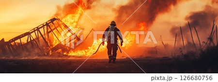 Firefighter walking away from a large building engulfed in flames at sunset, carrying a fire hose and wearing full protective gear, embodying bravery and dedication in emergency response 126680756