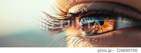 Close up of a woman's eye highlighting long eyelashes, hazel colored iris with light reflections, and subtle skin texture, creating a captivating image of vision and beauty 126680786