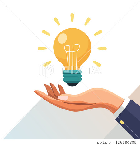Light bulb above an open hand in flat style, symbolizing bright thinking and inspiration, simple layout, white background with empty space for adding content Light bulb above an open hand in flat style, symbolizing bright thinking and inspiration, simple layout, white background with empty space for adding content 126680889