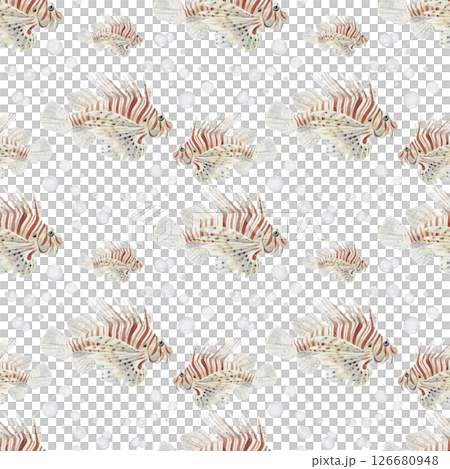 Seamless pattern with tropical lion fish. Big beautiful fish in white and red stripes. Many small bubbles. Underwater world. Watercolor illustration without background. Hand drawing. Seamless pattern with tropical lion fish. Big beautiful fish in white and red stripes. Many small bubbles. Underwater world. Watercolor illustration without background. Hand drawing. 126680948
