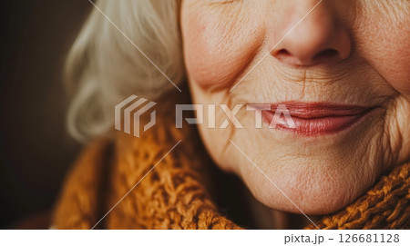 Close up view of a smiling senior womans lower face, highlighting wrinkles and the natural aging process while reflecting the beauty of wisdom and life experience Close up view of a smiling senior womans lower face, highlighting wrinkles and the natural aging process while reflecting the beauty of wisdom and life experience 126681128