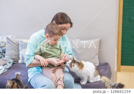 Caucasian woman with her son in a cat cafe. Caucasian woman with her son in a cat cafe. 126681154