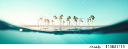 Split view of a tropical island with palm trees growing on a white sandy beach seen from underwater perspective with turquoise water and ripples on the surface 126681416
