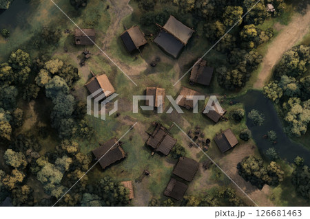 Orc village DnD battle map, top view, realistic design. Rough huts and rugged terrain for intense RPG encounters. 126681463