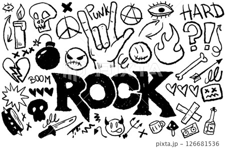 Rock punk doodle sketch with grunge style. Hand-drawn musical symbols, skulls, and expressive elements. Rock punk doodle sketch with grunge style. Hand-drawn musical symbols, skulls, and expressive elements. 126681536
