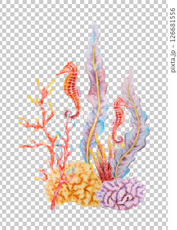 Watercolor underwater composition with red seahorses, coral branches, seaweed, and sponges. Bright marine illustration in blue, red, and yellow for ocean-themed designs. 126681556