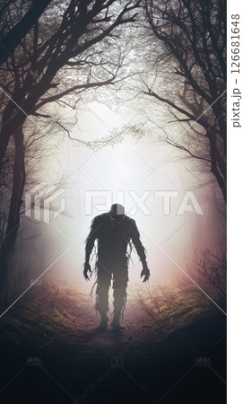 Spooky silhouette of a mysterious humanoid creature walking in a dark forest at night, surrounded by fog and bare trees, creating a creepy and eerie atmosphere 126681648