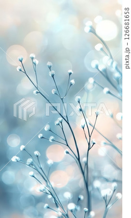Pastel colored floral background featuring delicate white flowers blooming on thin branches, creating a dreamy and ethereal atmosphere with a soft bokeh effect 126681658